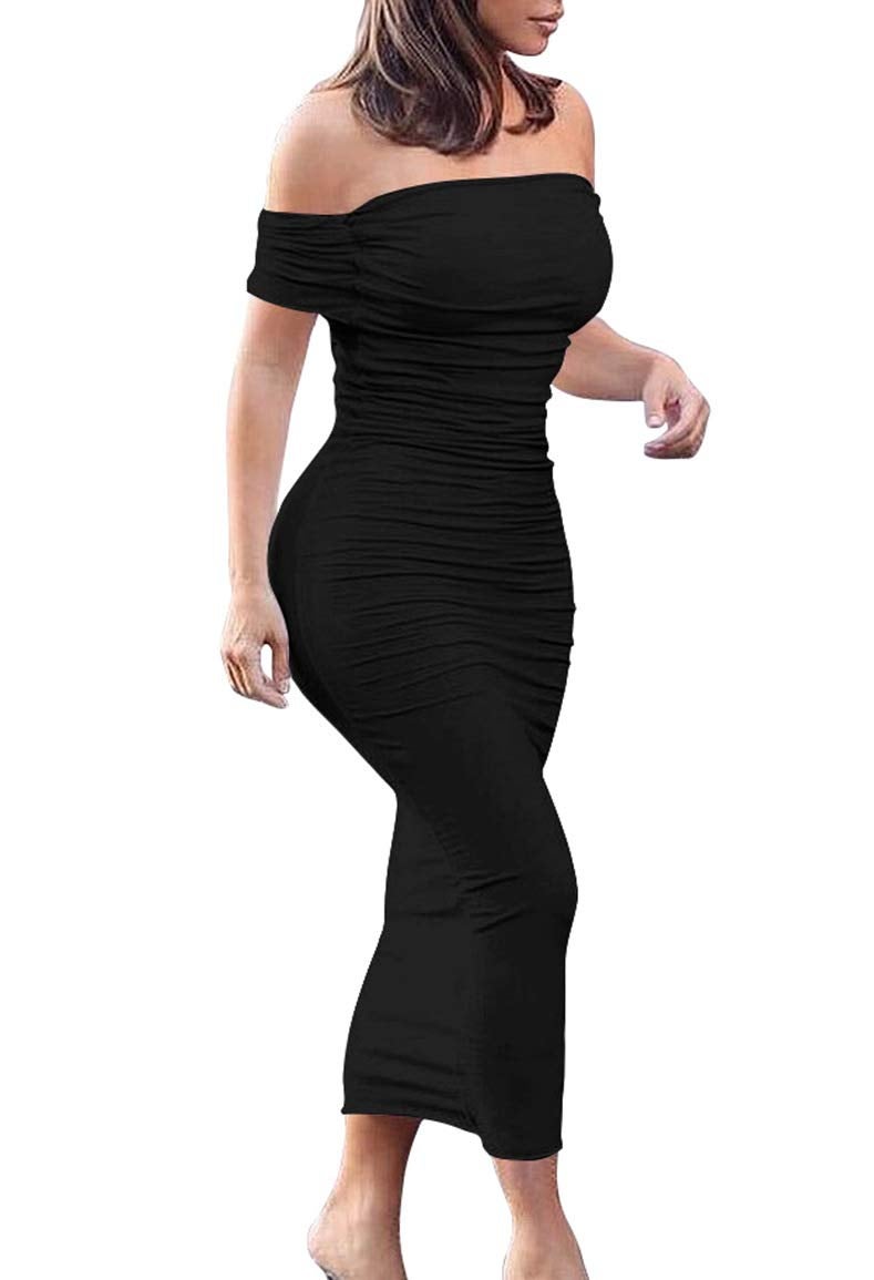 GOBLES Women's Ruched Off Shoulder Short Sleeve Bodycon Midi Elegant Cocktail Party Dress Black - Image 1